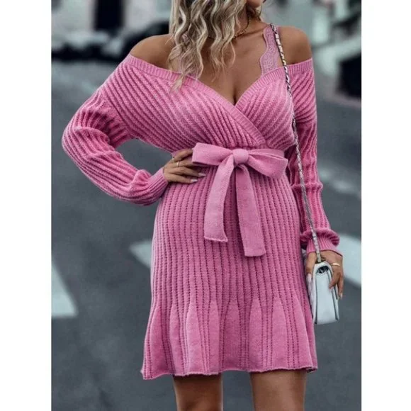 Lace Detailed Cold Shoulder Long sleeve Belted Sweater Dress Pink - Picture 8 of 9